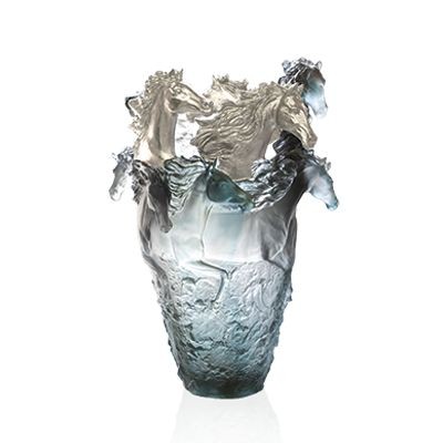 Magnum Vase with 3 silvered horse heads, "Cavalcade", Silver & Blue