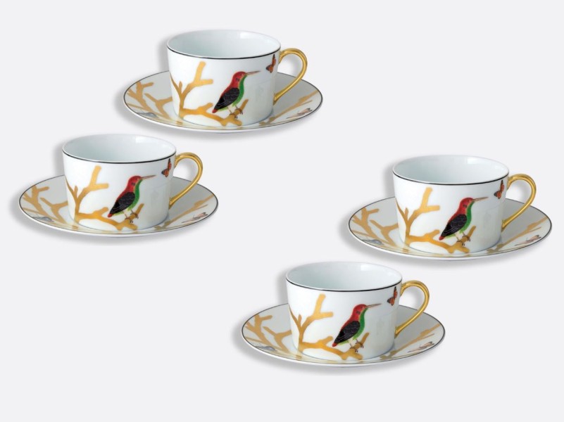 Set of 4 Coffee cup & saucer, "Aux Oiseaux", gold