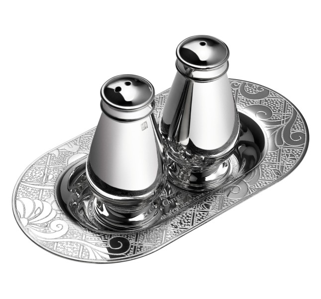 Salt & pepper shaker with tray 4 cm, "Jardin d'Eden", silverplated