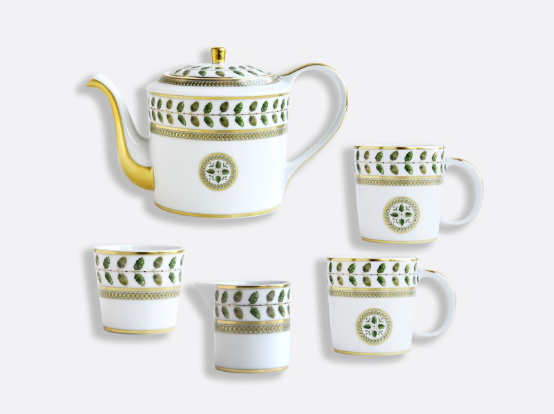 Gift set of 1 teapot. 2 mugs. 1 sugar bowl. 1 creamer, "Constance", gold