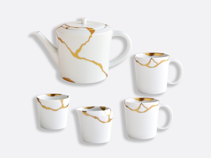 Gift set of 1 teapot, 2 mugs, 1 sugar bowl, 1 creamer, "Kintsugi", gold