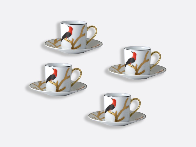 Set of 4 Espresso cup & saucer, "Aux Oiseaux", gold