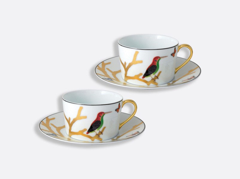 Set of 2 breakfast cups & saucers 27 cl, "Aux Oiseaux", gold