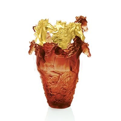 Magnum Vase mit 3 vergoldeten Pferdeköpfen, "Cavalcade", Gold & Bernstein