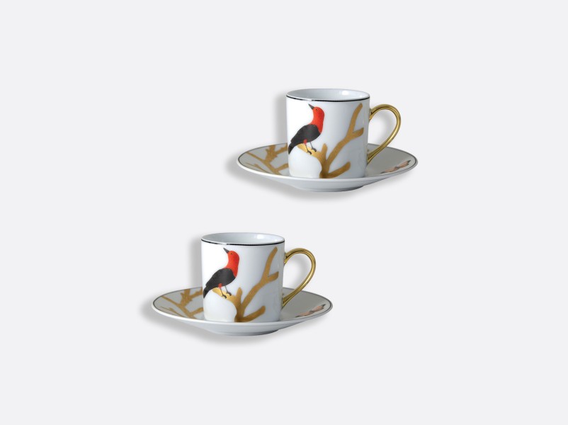 Set of 2 Espresso cup & saucer, "Aux Oiseaux", gold